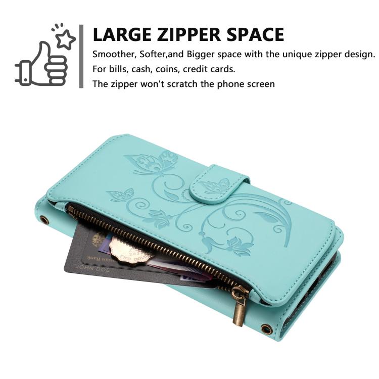 Funda de cuero con cremallera para iPhone 15 Plus, diseño de mariposas, flores y amor (verde menta)
