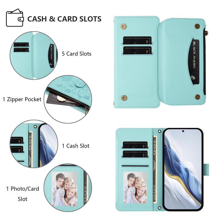 Funda de cuero con cremallera para iPhone 15 Plus, diseño de mariposas, flores y amor (verde menta)