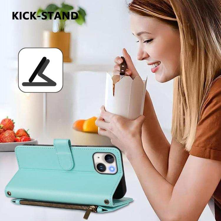 Funda de cuero con cremallera para iPhone 15 Plus, diseño de mariposas, flores y amor (verde menta)