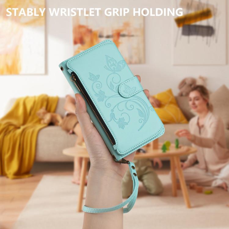 Funda de cuero con cremallera para iPhone 15 Plus, diseño de mariposas, flores y amor (verde menta)