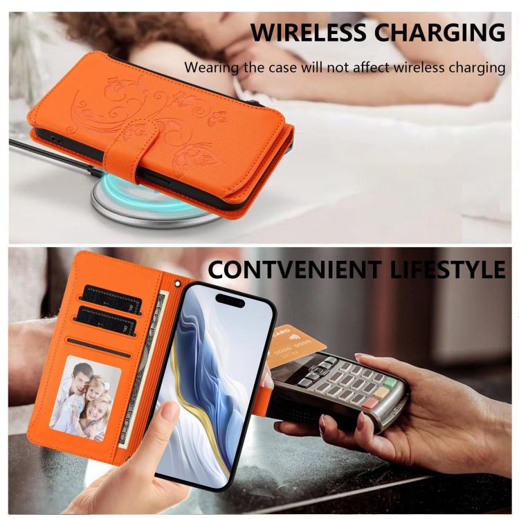 Funda de cuero con cremallera para iPhone 15, diseño de mariposas, flores y amor, con múltiples tarjetas (naranja)