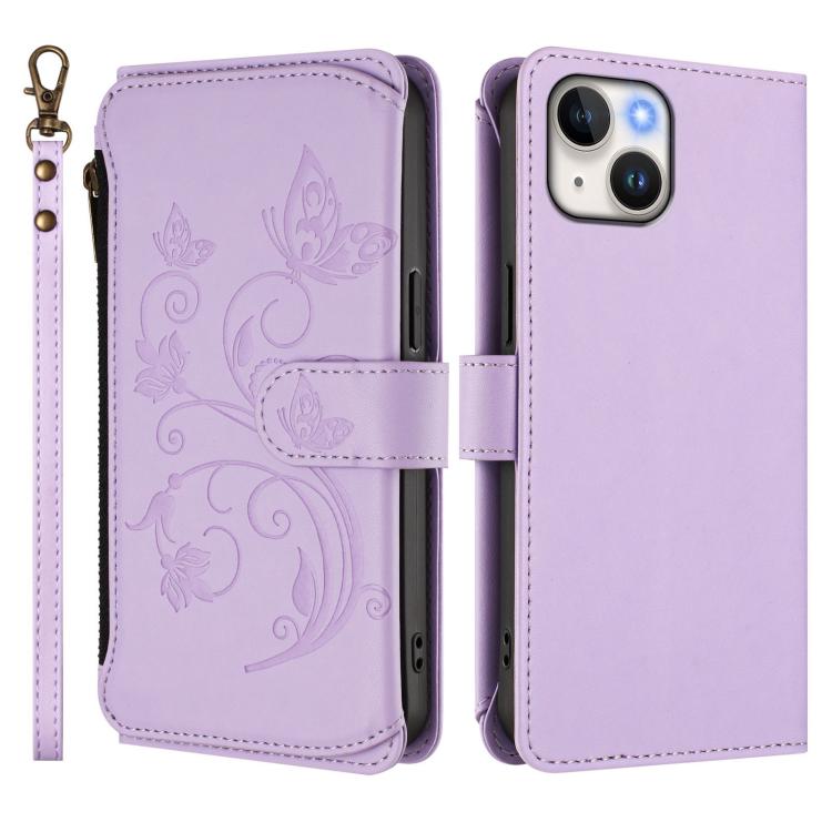 Funda de cuero con cremallera para iPhone 15, diseño de mariposas, flores y amor (morado claro)