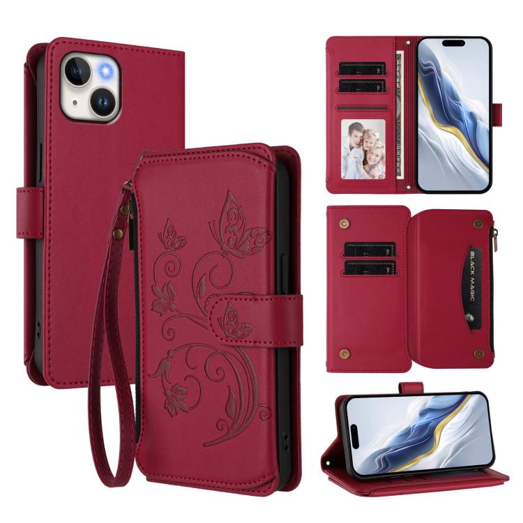 Funda de cuero con cremallera para iPhone 14 Plus, diseño de mariposas, flores y amor (rojo vino)