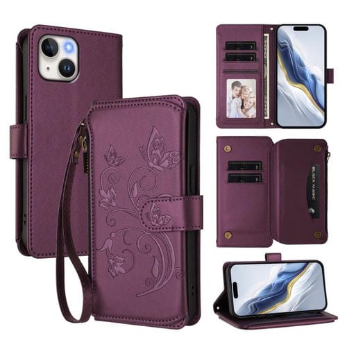 Funda de cuero con cremallera para iPhone 14/13, diseño de mariposas, flores y múltiples tarjetas (morado oscuro)