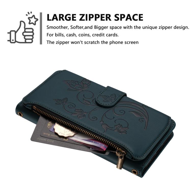 Funda de cuero con cremallera para iPhone 14/13, diseño de mariposas, flores y amor (verde oscuro)