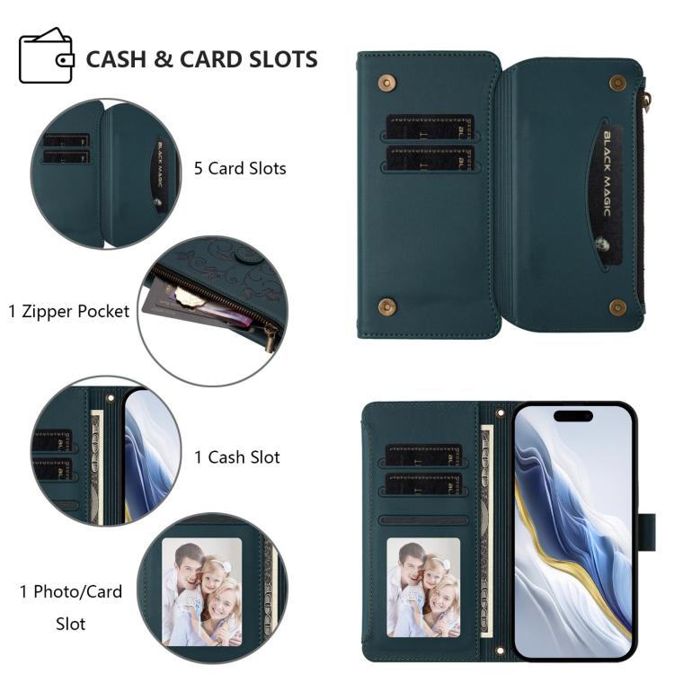 Funda de cuero con cremallera para iPhone 14/13, diseño de mariposas, flores y amor (verde oscuro)