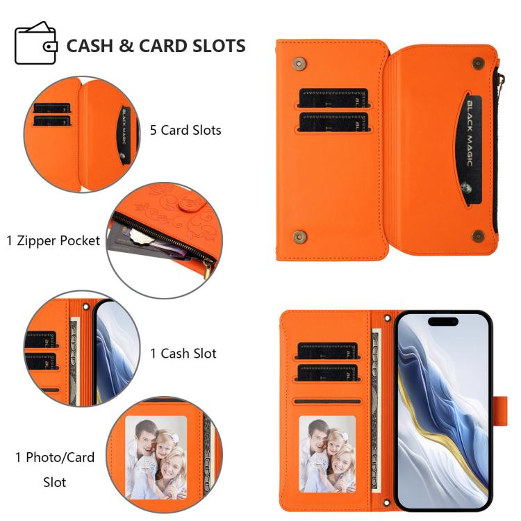 Funda de cuero con cremallera para iPhone 14 Pro, diseño de mariposas, flores y amor, con múltiples tarjetas (naranja)