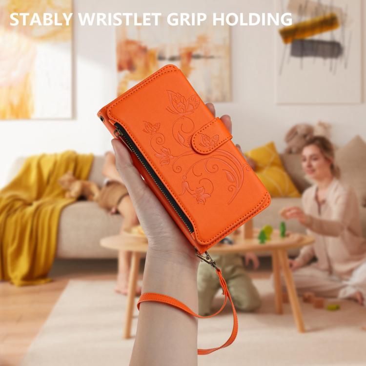 Funda de cuero con cremallera para iPhone 14 Pro, diseño de mariposas, flores y amor, con múltiples tarjetas (naranja)