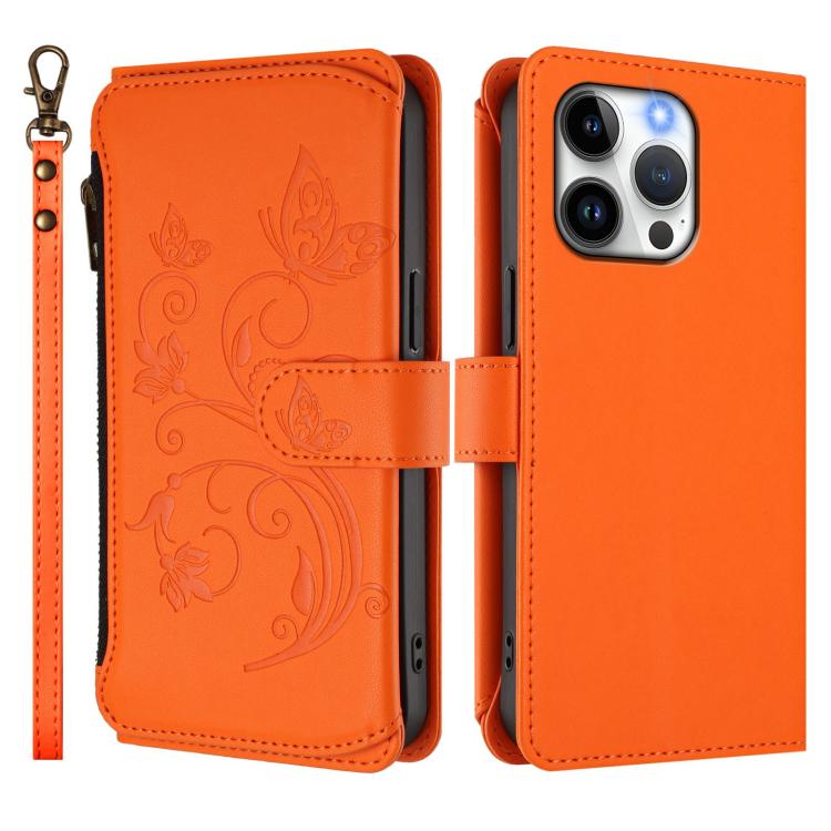 Funda de cuero con cremallera para iPhone 14 Pro Max, diseño de mariposas, flores y amor, con múltiples tarjetas (naranja)