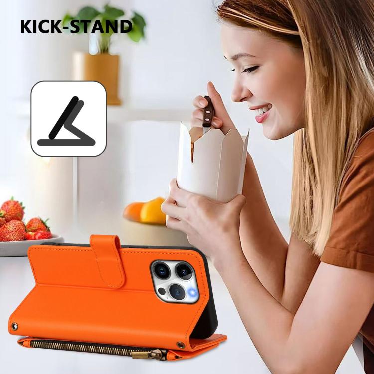 Funda de cuero con cremallera para iPhone 14 Pro Max, diseño de mariposas, flores y amor, con múltiples tarjetas (naranja)