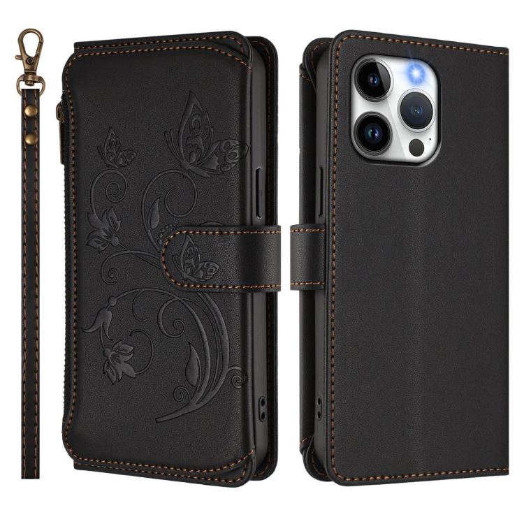 Funda de cuero con cremallera para iPhone 14 Pro Max, diseño de mariposas, flores y amor, con múltiples tarjetas (negro)