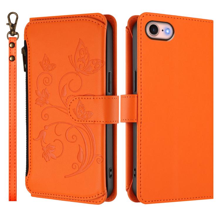 Funda de cuero con cremallera para iPhone 7/8/SE 2022, diseño de mariposas, flores y amor (naranja)