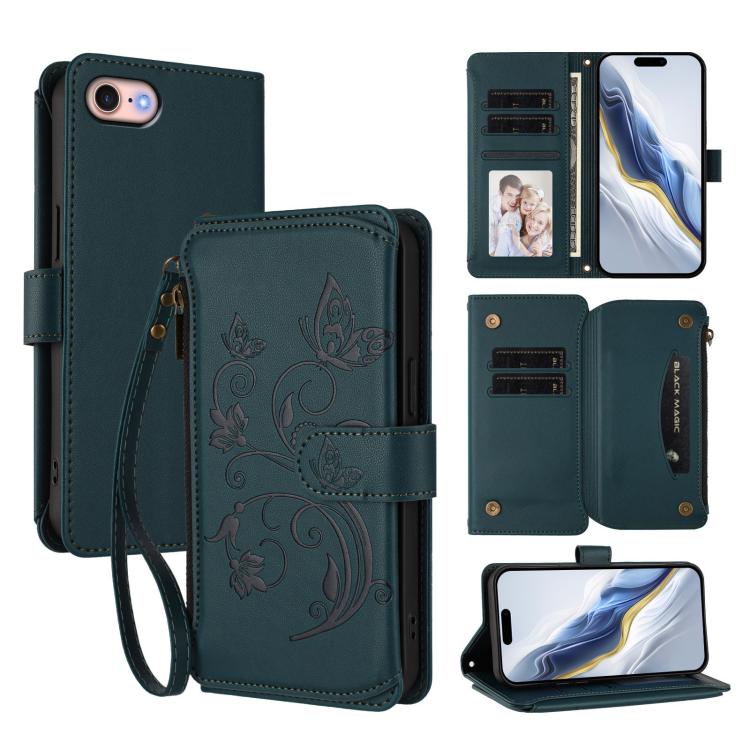 Funda de cuero con cremallera para iPhone 7/8/SE 2022, diseño de mariposas, flores y amor (verde oscuro)