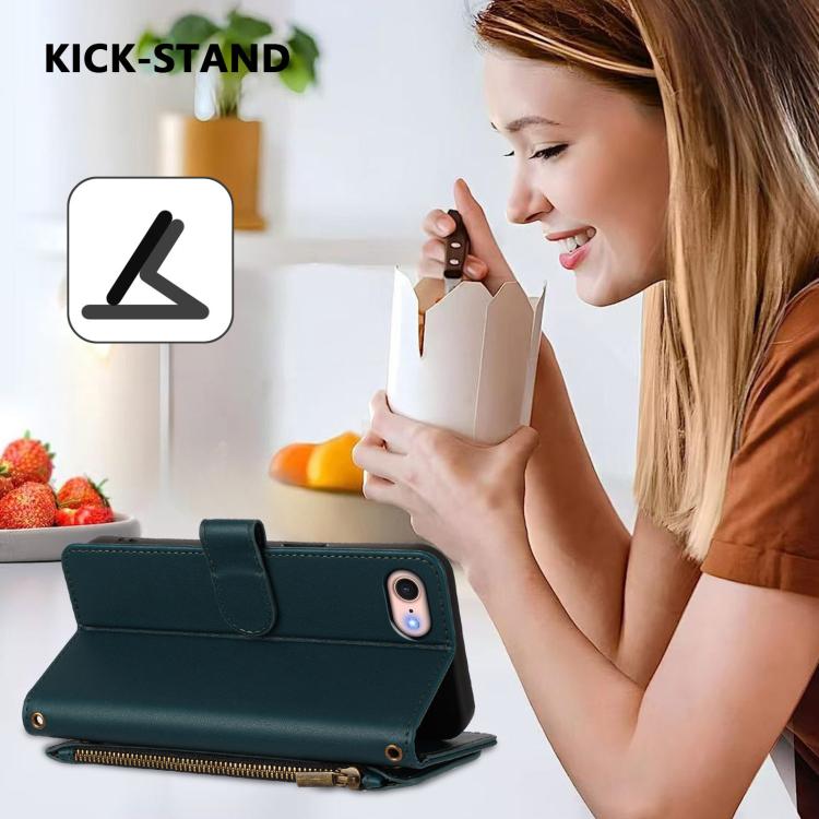 Funda de cuero con cremallera para iPhone 7/8/SE 2022, diseño de mariposas, flores y amor (verde oscuro)