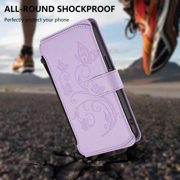 Funda de cuero con cremallera para iPhone 7/8/SE 2022, diseño de mariposas, flores y amor (morado claro)