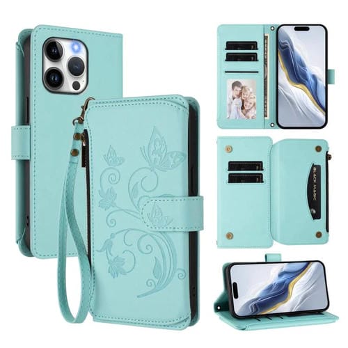 Funda de cuero con cremallera para iPhone 13 Pro, diseño de mariposas, flores y amor (verde menta)