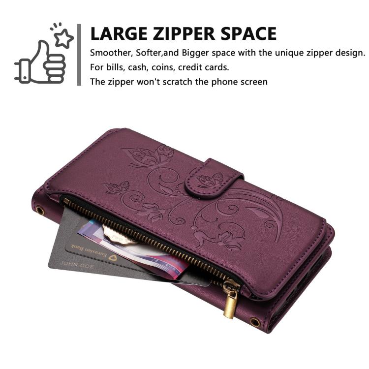 Funda de cuero con cremallera para iPhone 13 mini, diseño de mariposas, flores y amor, con múltiples tarjetas (morado oscuro)