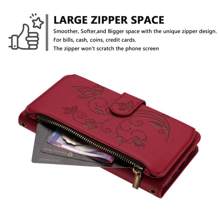 Funda de cuero con cremallera para iPhone 13 mini, diseño de mariposas, flores y amor, con múltiples tarjetas (rojo vino)