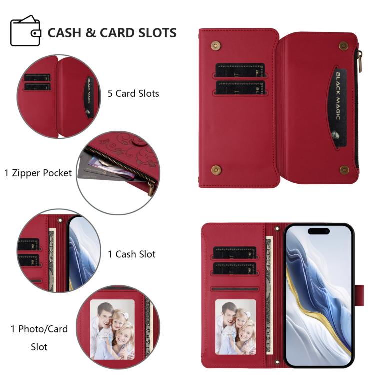 Funda de cuero con cremallera para iPhone 13 mini, diseño de mariposas, flores y amor, con múltiples tarjetas (rojo vino)