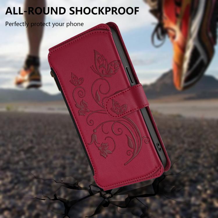 Funda de cuero con cremallera para iPhone 13 mini, diseño de mariposas, flores y amor, con múltiples tarjetas (rojo vino)