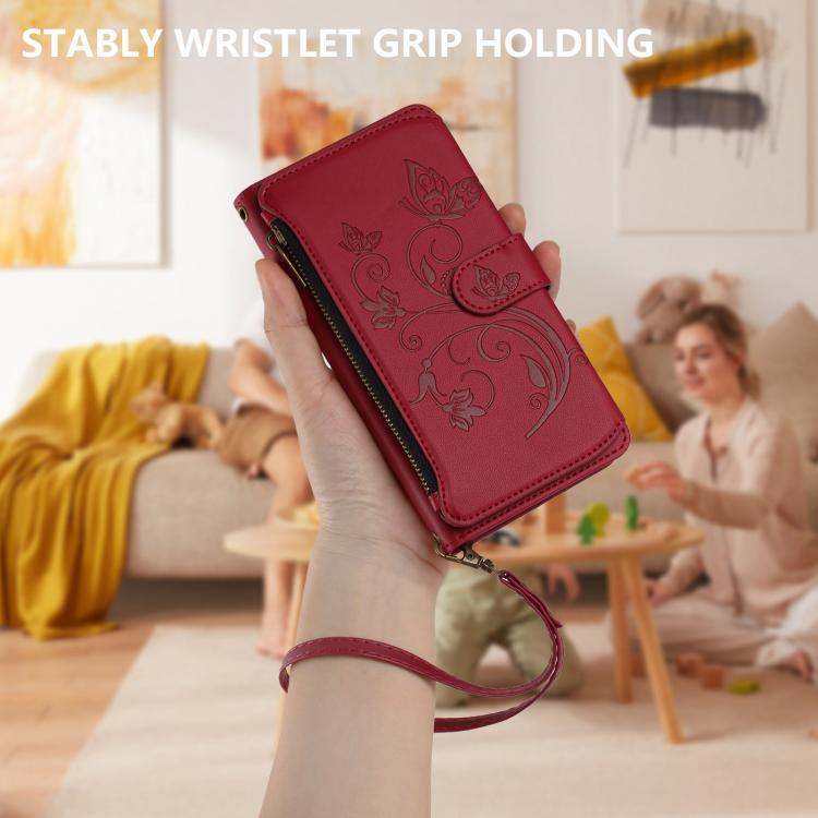 Funda de cuero con cremallera para iPhone 13 mini, diseño de mariposas, flores y amor, con múltiples tarjetas (rojo vino)
