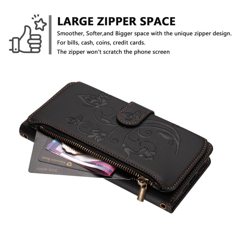 Funda de cuero con cremallera para iPhone 13 mini, diseño de mariposas, flores y amor, con múltiples tarjetas (negro)