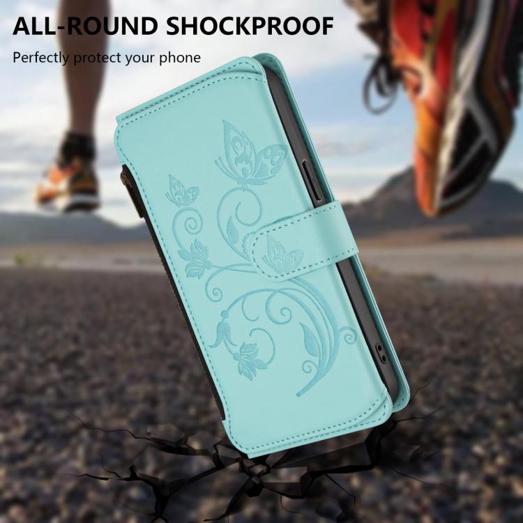 Funda de cuero con cremallera para iPhone 13 mini, diseño de mariposas, flores y amor, con múltiples tarjetas (verde menta)