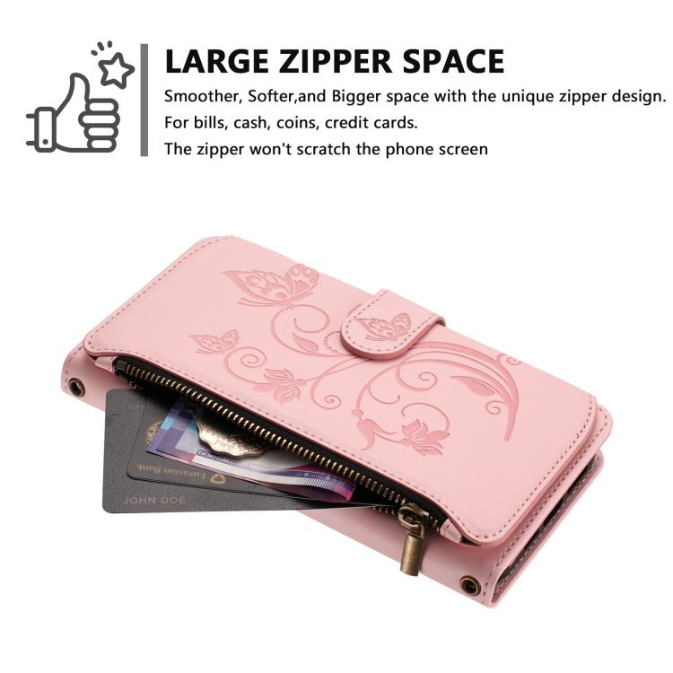 Funda de cuero con cremallera para iPhone 13 mini, diseño de mariposas, flores y amor, con múltiples tarjetas (rosa)