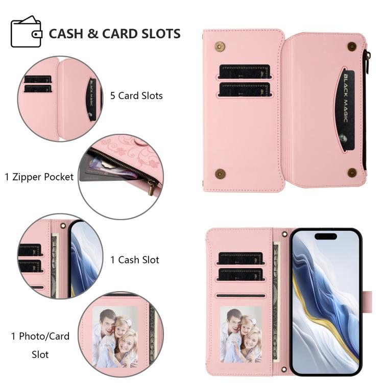 Funda de cuero con cremallera para iPhone 13 mini, diseño de mariposas, flores y amor, con múltiples tarjetas (rosa)