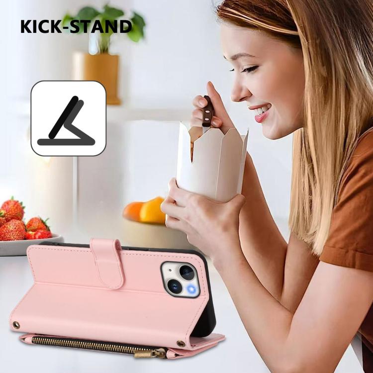 Funda de cuero con cremallera para iPhone 13 mini, diseño de mariposas, flores y amor, con múltiples tarjetas (rosa)