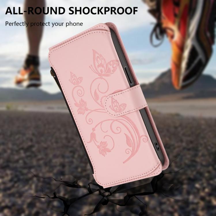 Funda de cuero con cremallera para iPhone 13 mini, diseño de mariposas, flores y amor, con múltiples tarjetas (rosa)