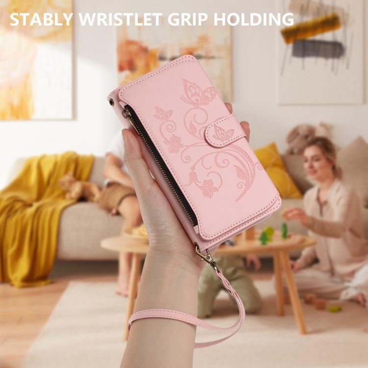 Funda de cuero con cremallera para iPhone 13 mini, diseño de mariposas, flores y amor, con múltiples tarjetas (rosa)
