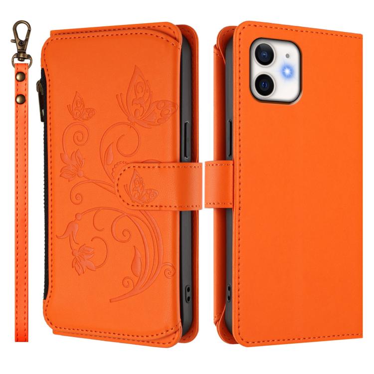 Funda de cuero con cremallera para iPhone 12/12 Pro, diseño de mariposas, flores y amor, con múltiples tarjetas (naranja)