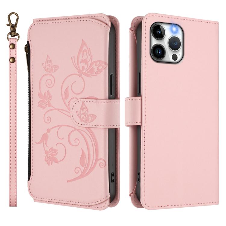 Funda de cuero con cremallera para iPhone 12 Pro Max, diseño de mariposas, flores y amor (rosa)