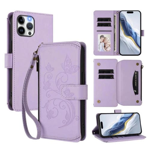Funda de cuero con cremallera para iPhone 12 Pro Max, diseño de mariposas, flores y amor (morado claro)