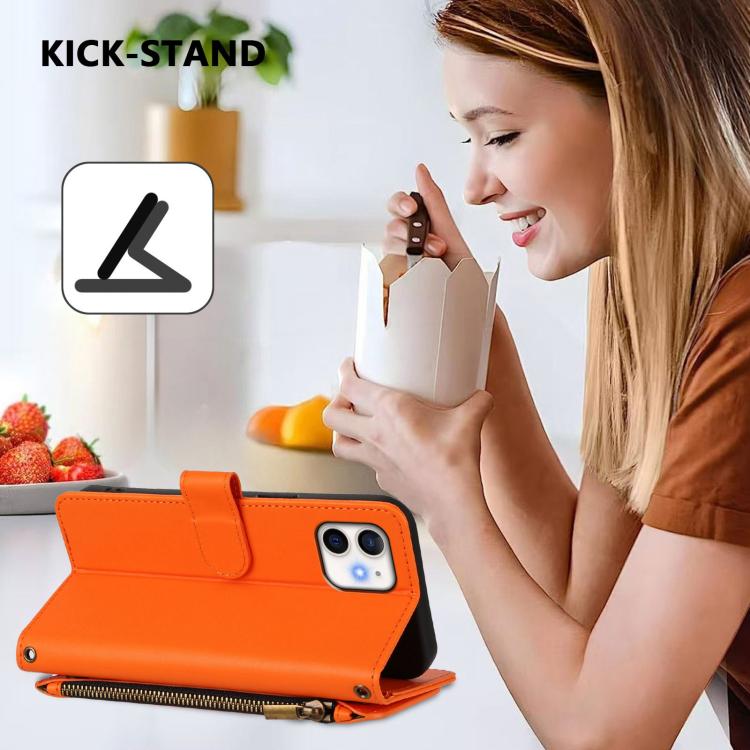 Funda de cuero con cremallera para iPhone 12 mini, diseño de mariposas, flores y amor, con múltiples tarjetas (naranja)