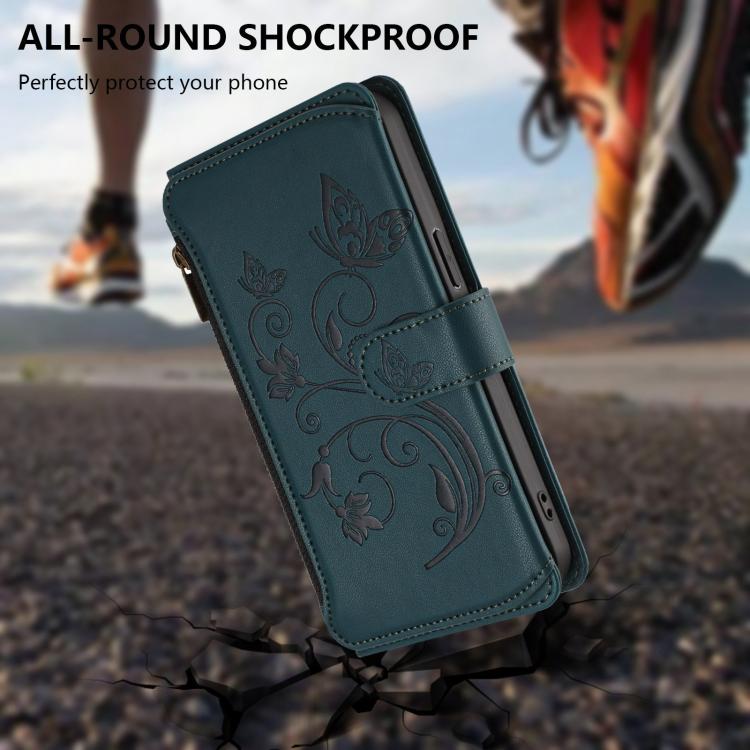 Funda de cuero con cremallera para iPhone 11, diseño de mariposas, flores y amor (verde oscuro)