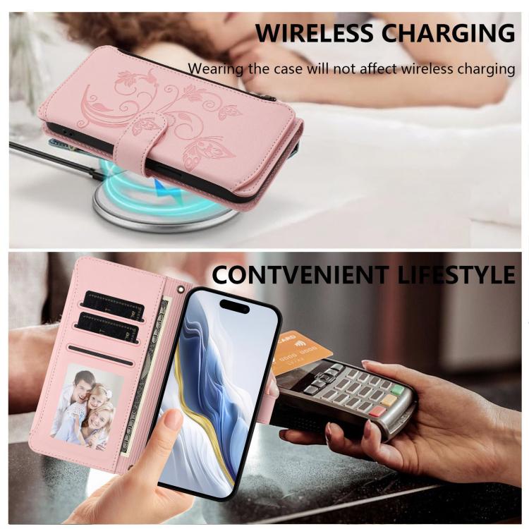 Funda de cuero con cremallera para iPhone 11, diseño de mariposas, flores y amor (rosa)