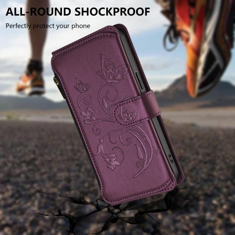 Funda de cuero con cremallera para iPhone 11 Pro, diseño de mariposas, flores y amor (morado oscuro)
