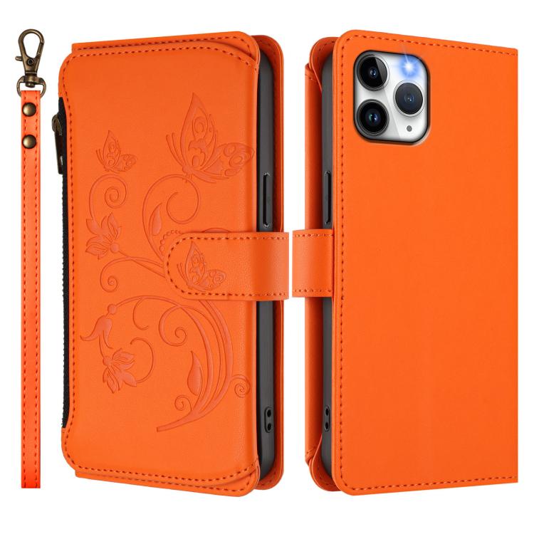 Funda de cuero con cremallera para iPhone 11 Pro, diseño de mariposas, flores y amor (naranja)