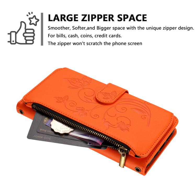 Funda de cuero con cremallera para iPhone 11 Pro, diseño de mariposas, flores y amor (naranja)