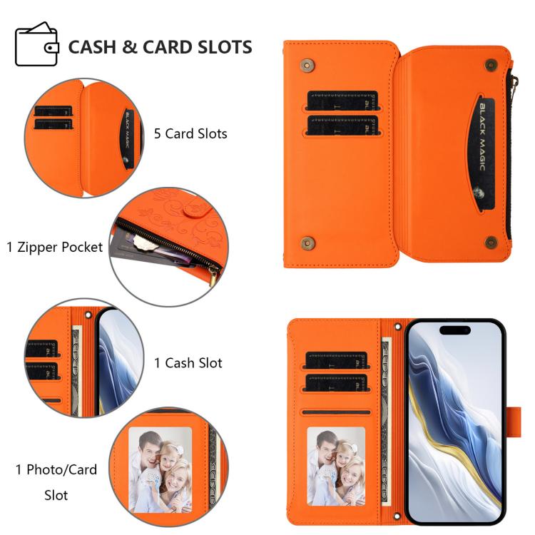 Funda de cuero con cremallera para iPhone 11 Pro, diseño de mariposas, flores y amor (naranja)