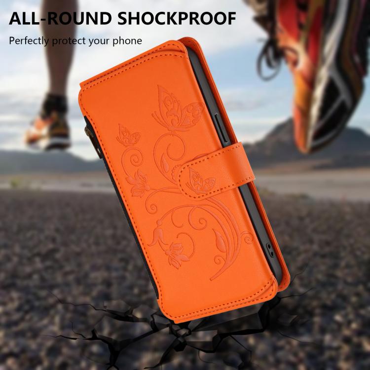 Funda de cuero con cremallera para iPhone 11 Pro, diseño de mariposas, flores y amor (naranja)