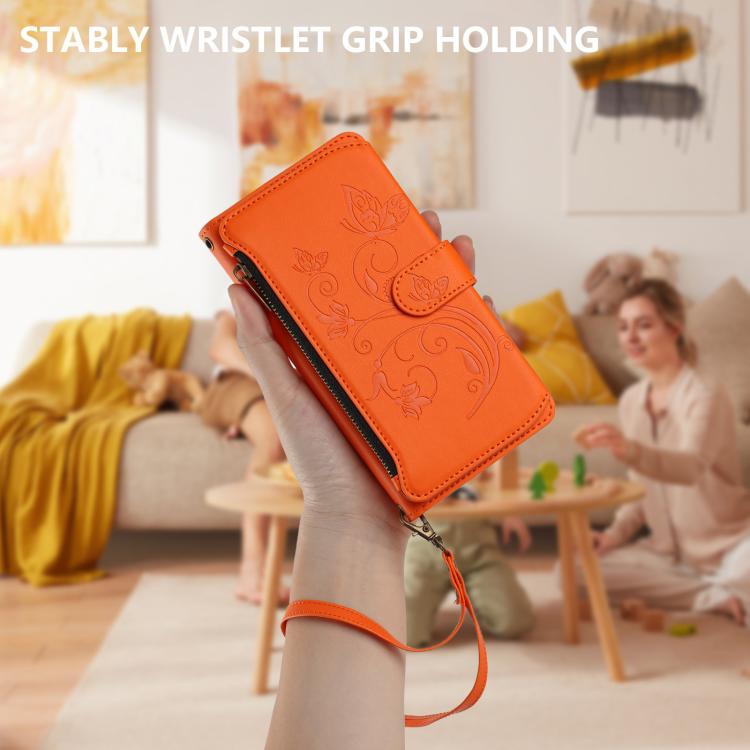 Funda de cuero con cremallera para iPhone 11 Pro, diseño de mariposas, flores y amor (naranja)