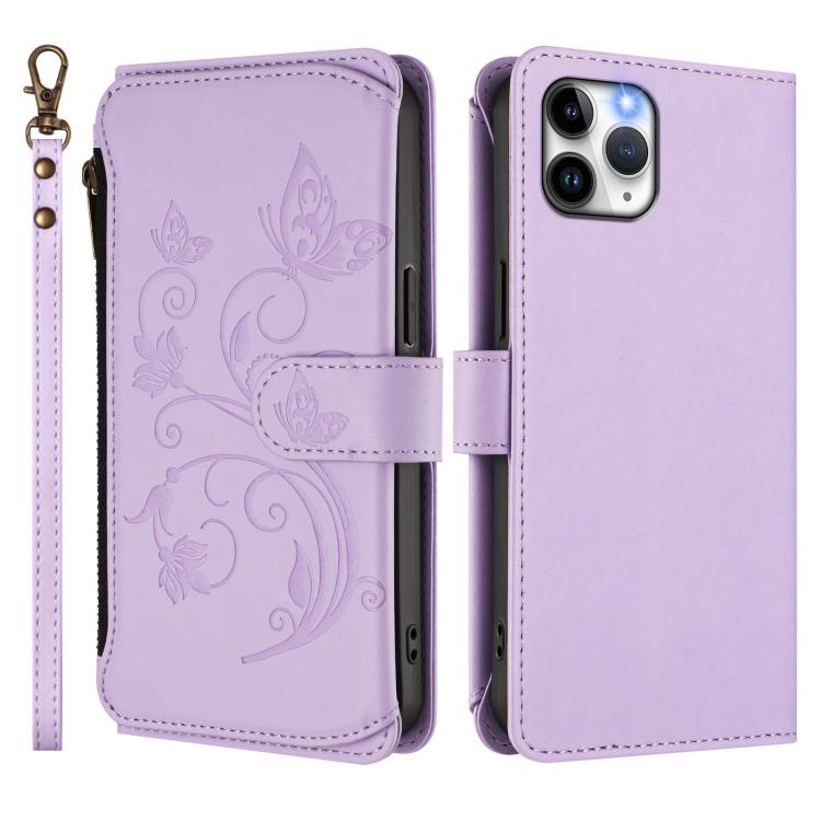 Funda de cuero con cremallera para iPhone 11 Pro, diseño de mariposas, flores y amor (morado claro)