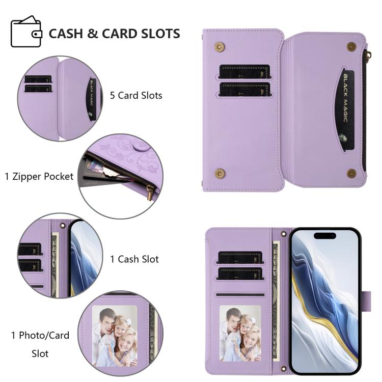 Funda de cuero con cremallera para iPhone 11 Pro, diseño de mariposas, flores y amor (morado claro)