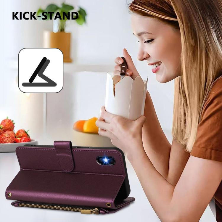Funda de cuero con cremallera para iPhone X/XS, diseño de mariposas, flores y amor, con múltiples tarjetas (morado oscuro)