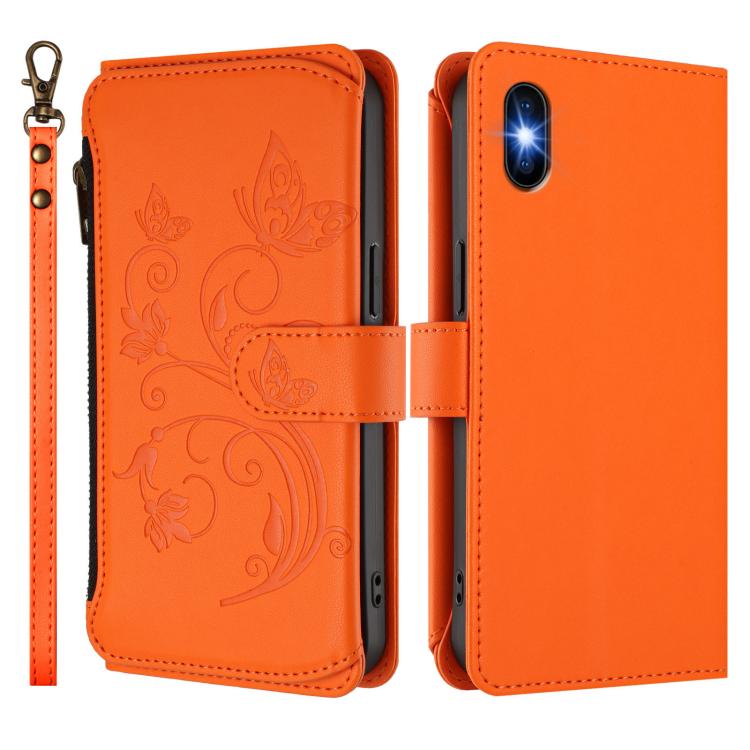 Funda de cuero con cremallera para iPhone X/XS, diseño de mariposas, flores y amor, con múltiples tarjetas (naranja)