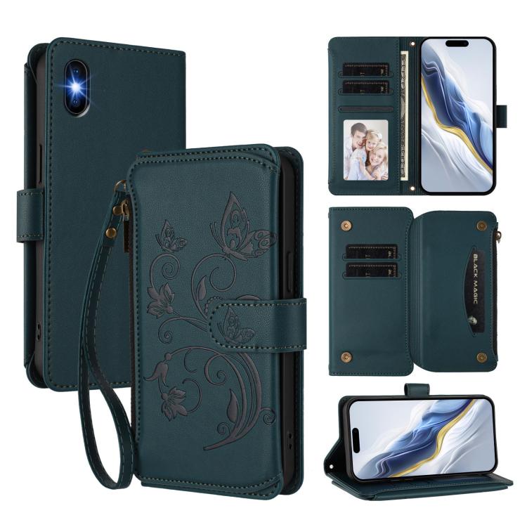Funda de cuero con cremallera para iPhone X/XS, diseño de mariposas, flores y amor, con múltiples tarjetas (verde oscuro)