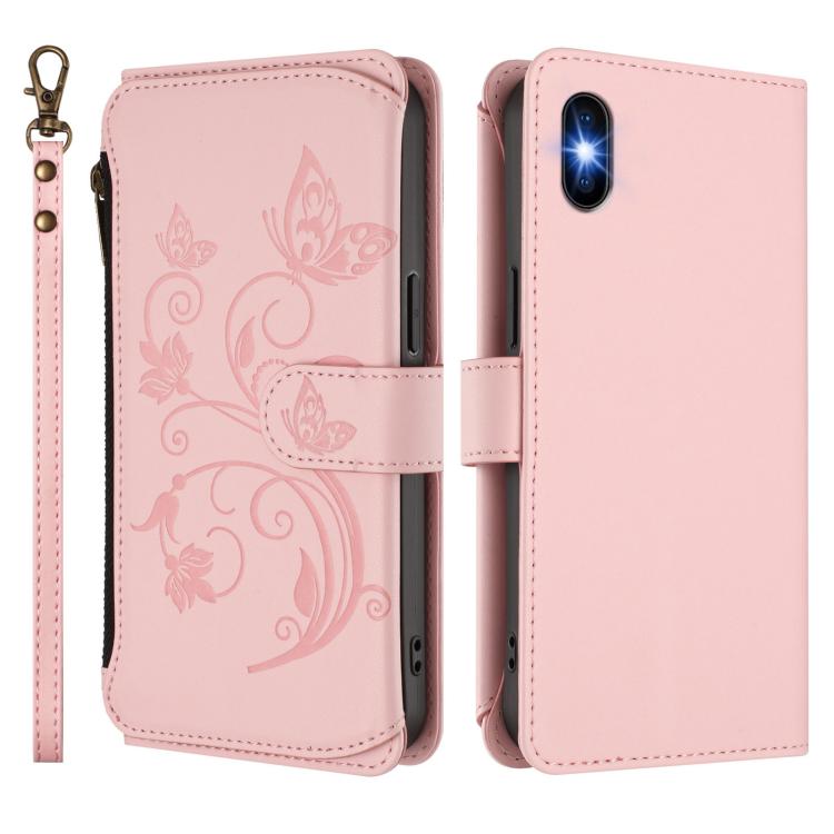 Funda de cuero con cremallera para iPhone X/XS, diseño de mariposas, flores y amor, con múltiples tarjetas (rosa)